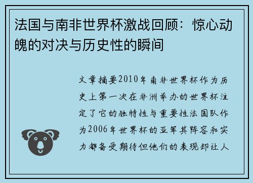 法国与南非世界杯激战回顾：惊心动魄的对决与历史性的瞬间
